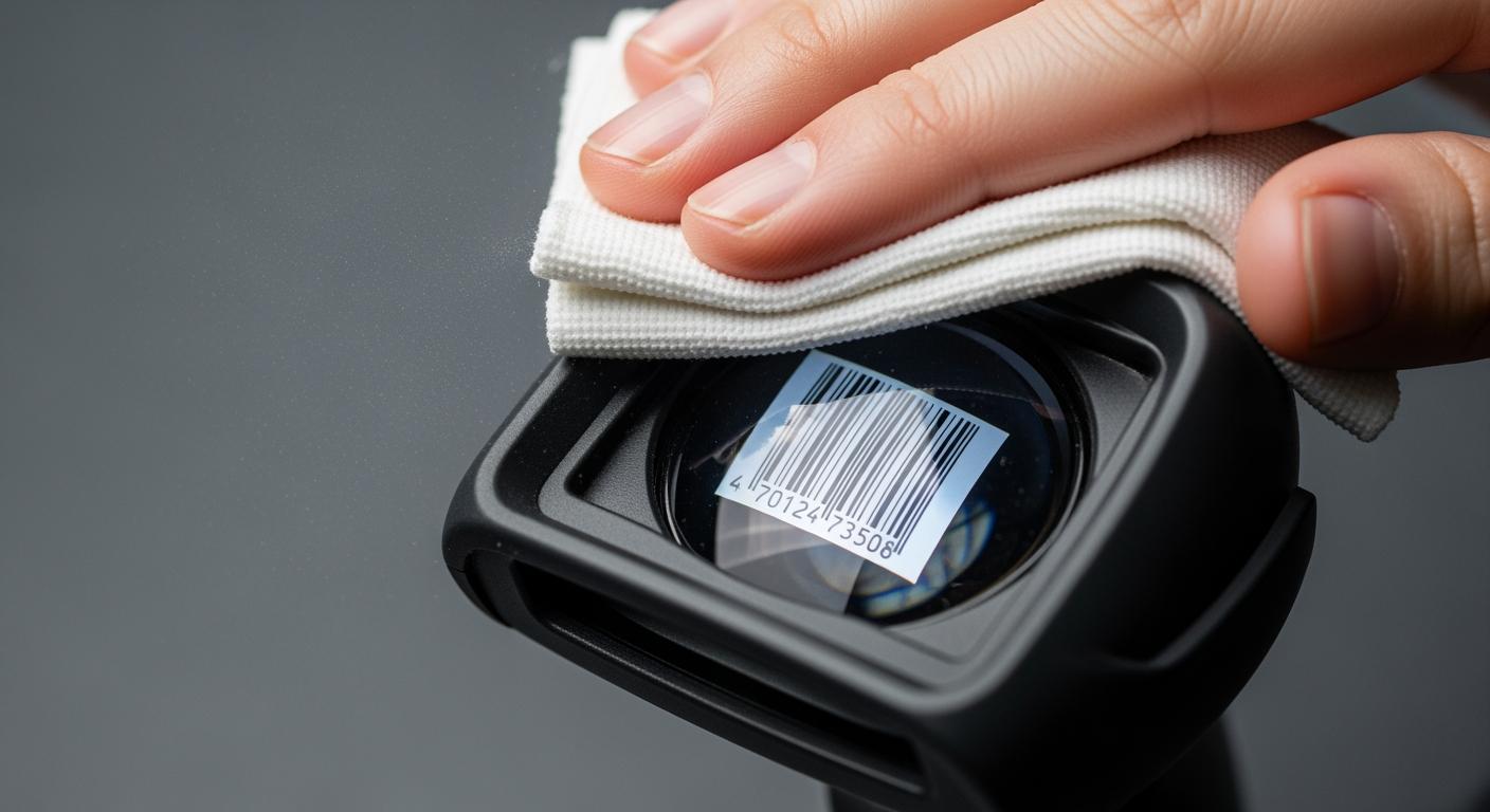 Cận cảnh vệ sinh mắt đọc máy quét mã vạch để khắc phục lỗi không nhận diện được mã.