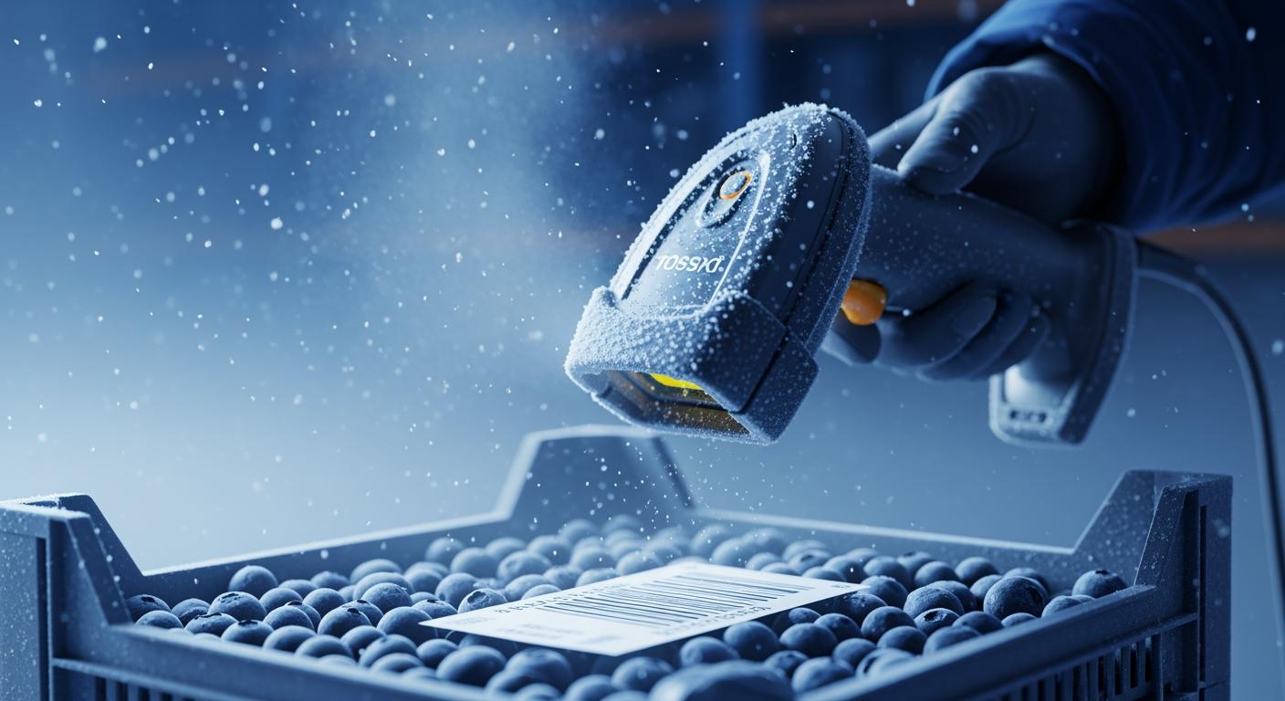 Máy quét mã vạch chuyên dụng hoạt động trong môi trường kho lạnh nông sản với độ ẩm cao.