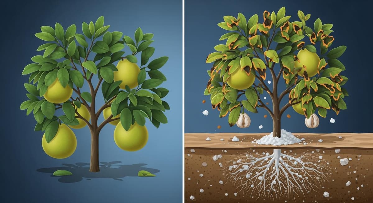 Minh họa tác hại của xâm nhập mặn lên lá và rễ cây bưởi da xanh