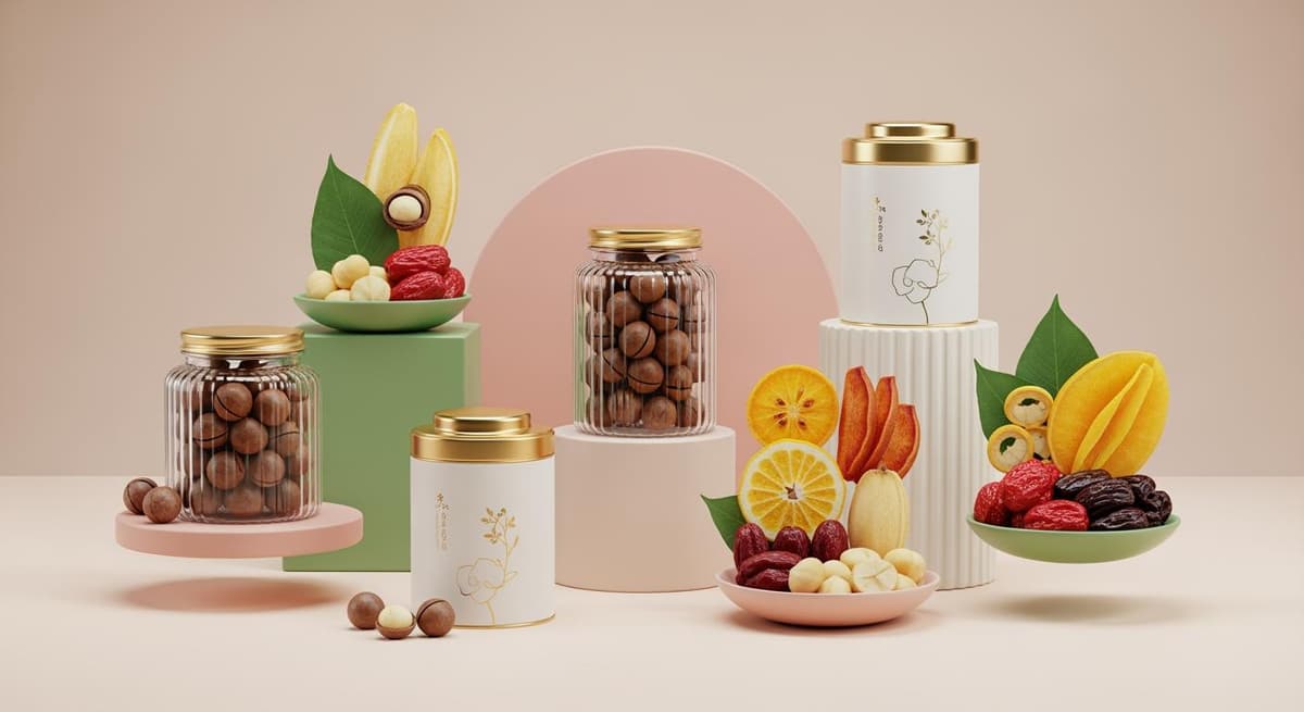 Minh họa 3D các sản phẩm nông sản cao cấp như hạt dinh dưỡng, trà và trái cây sấy khô trong giỏ quà Tết 2026