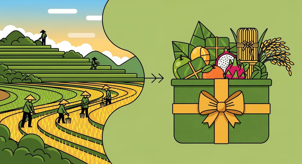 Minh họa vector phong cách hiện đại về sự kết nối giữa nông trại xanh và giỏ quà tặng bền vững