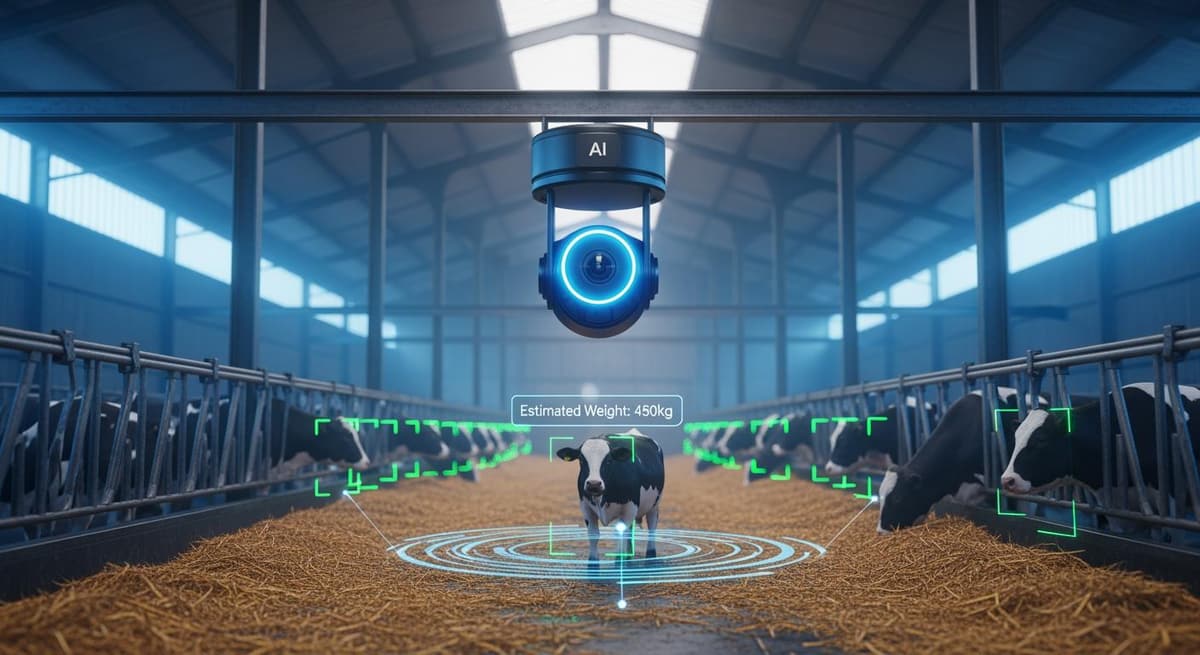 Hệ thống camera AI giám sát tăng trọng vật nuôi với lớp phủ dữ liệu kỹ thuật số