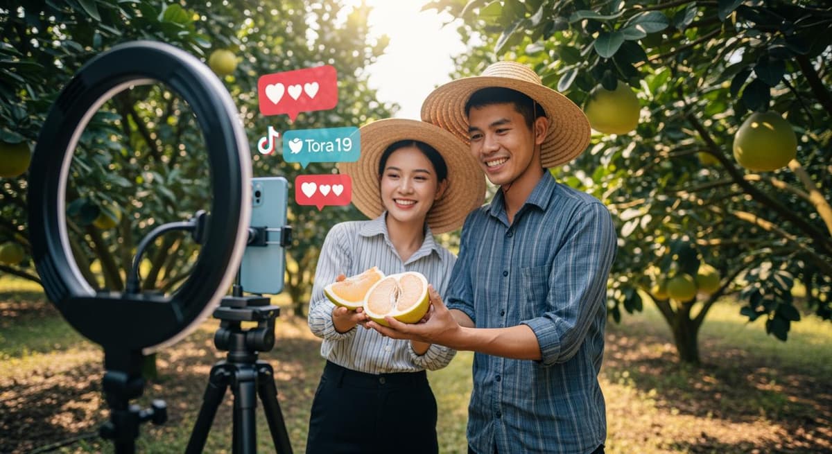 Phiên livestream bán hàng trực tiếp tại vườn bưởi, tạo sự tin tưởng và tương tác cao với khách hàng.