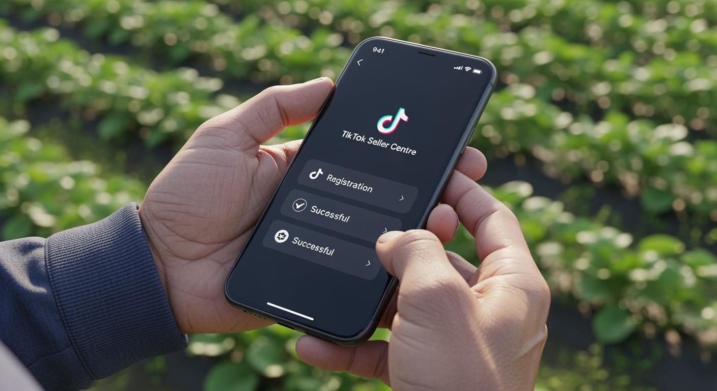 Người nông dân hiện đại đang thao tác đăng ký gian hàng trên ứng dụng TikTok Seller Centre.