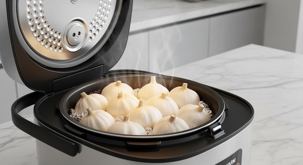 Quy trình xếp tỏi bọc giấy bạc vào nồi cơm điện để lên men tỏi đen.