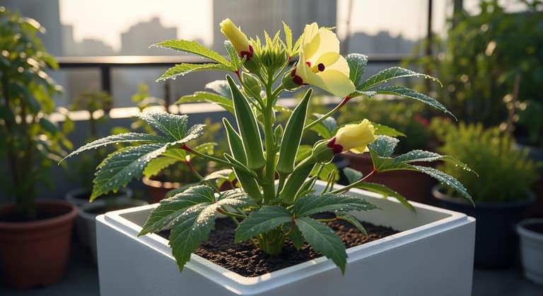 Cây đậu bắp xanh tốt có quả và hoa vàng trồng trong thùng xốp trên sân thượng đầy nắng