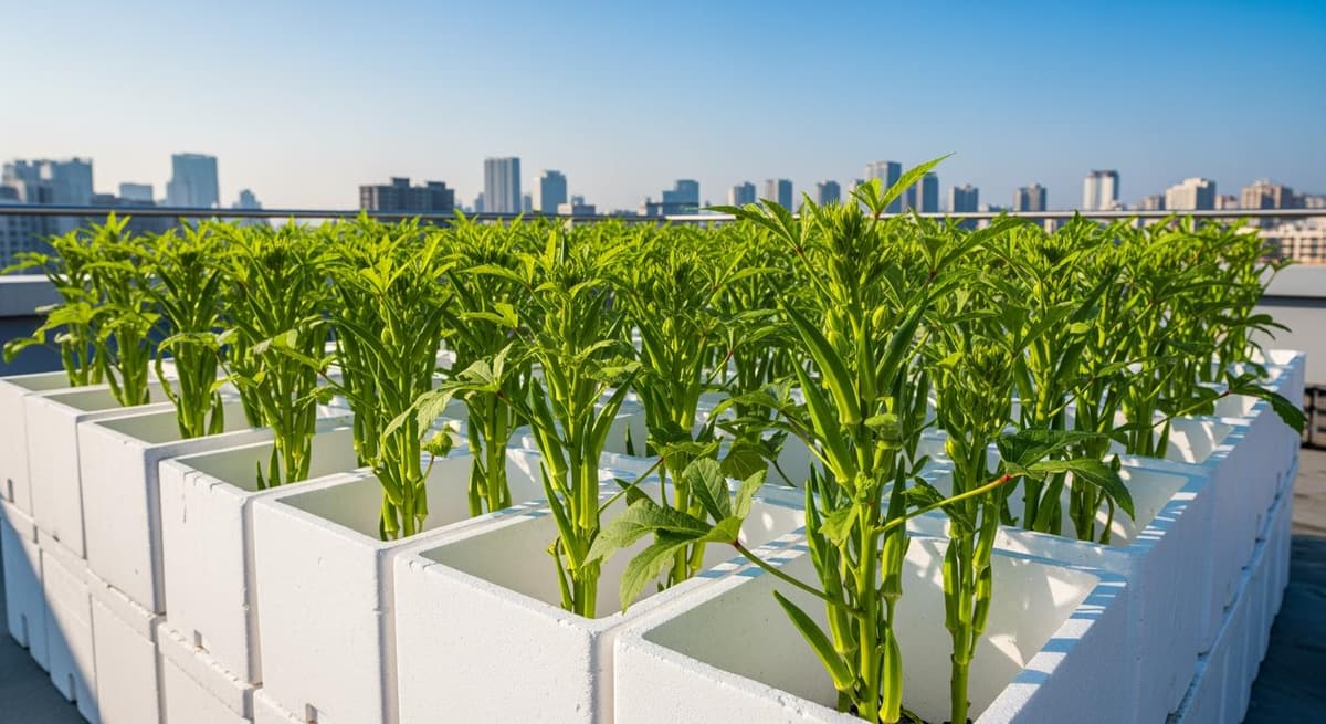 Toàn cảnh vườn đậu bắp xanh mướt trồng trong thùng xốp trên sân thượng đầy nắng