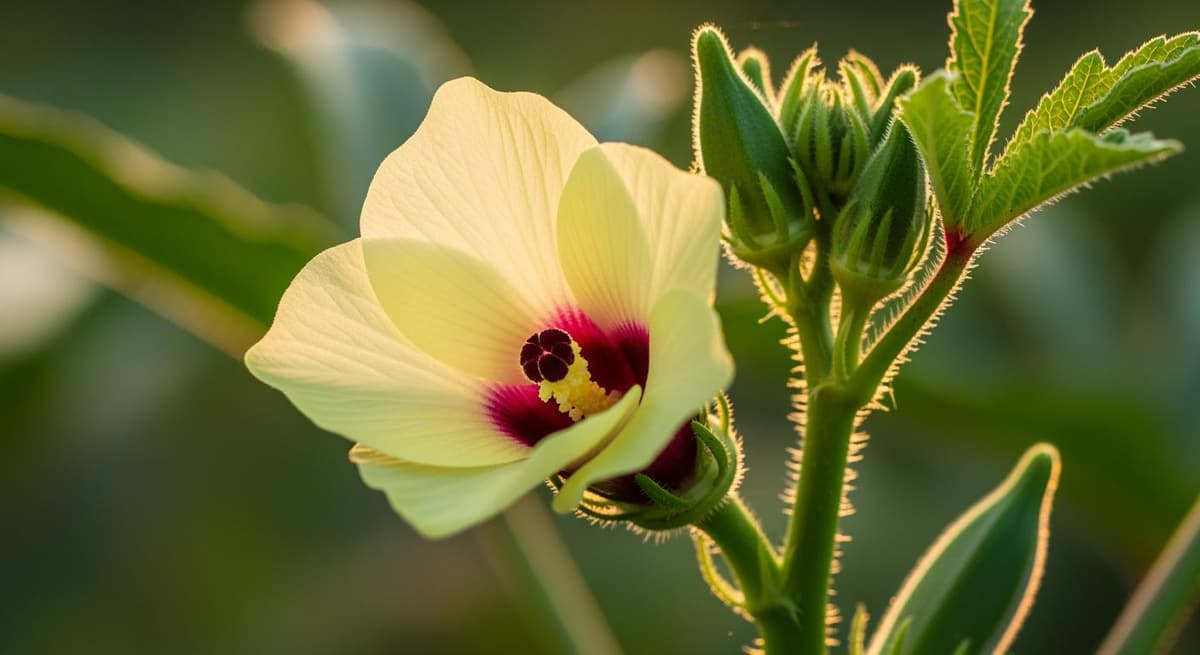 Hoa đậu bắp vàng nhạt nhụy tím nở rộ rực rỡ dưới ánh nắng