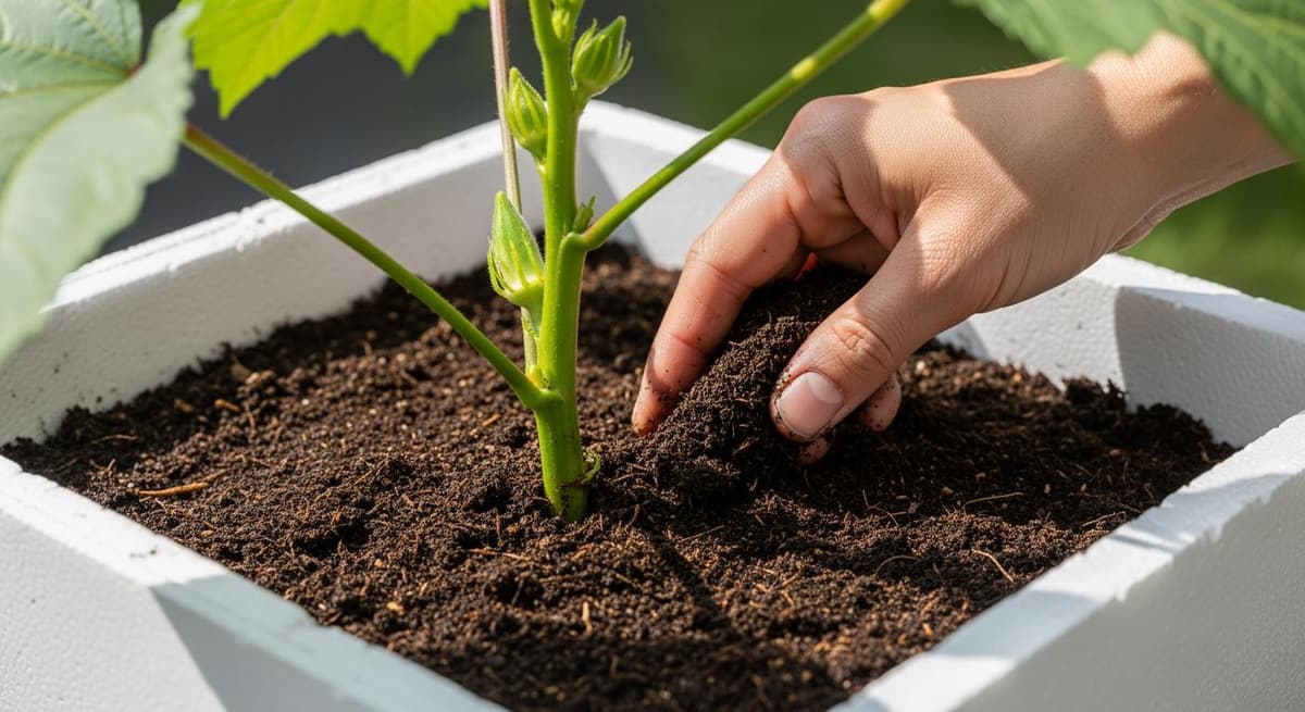 Bón phân trùn quế hữu cơ cho gốc cây đậu bắp trong thùng xốp