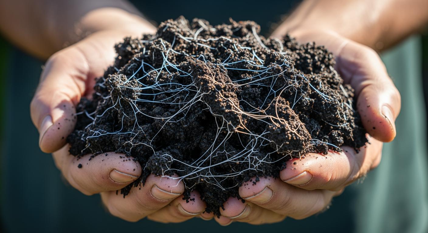 Cận cảnh nấm đối kháng Trichoderma phát triển mạnh mẽ trên nền phân hữu cơ hoai mục