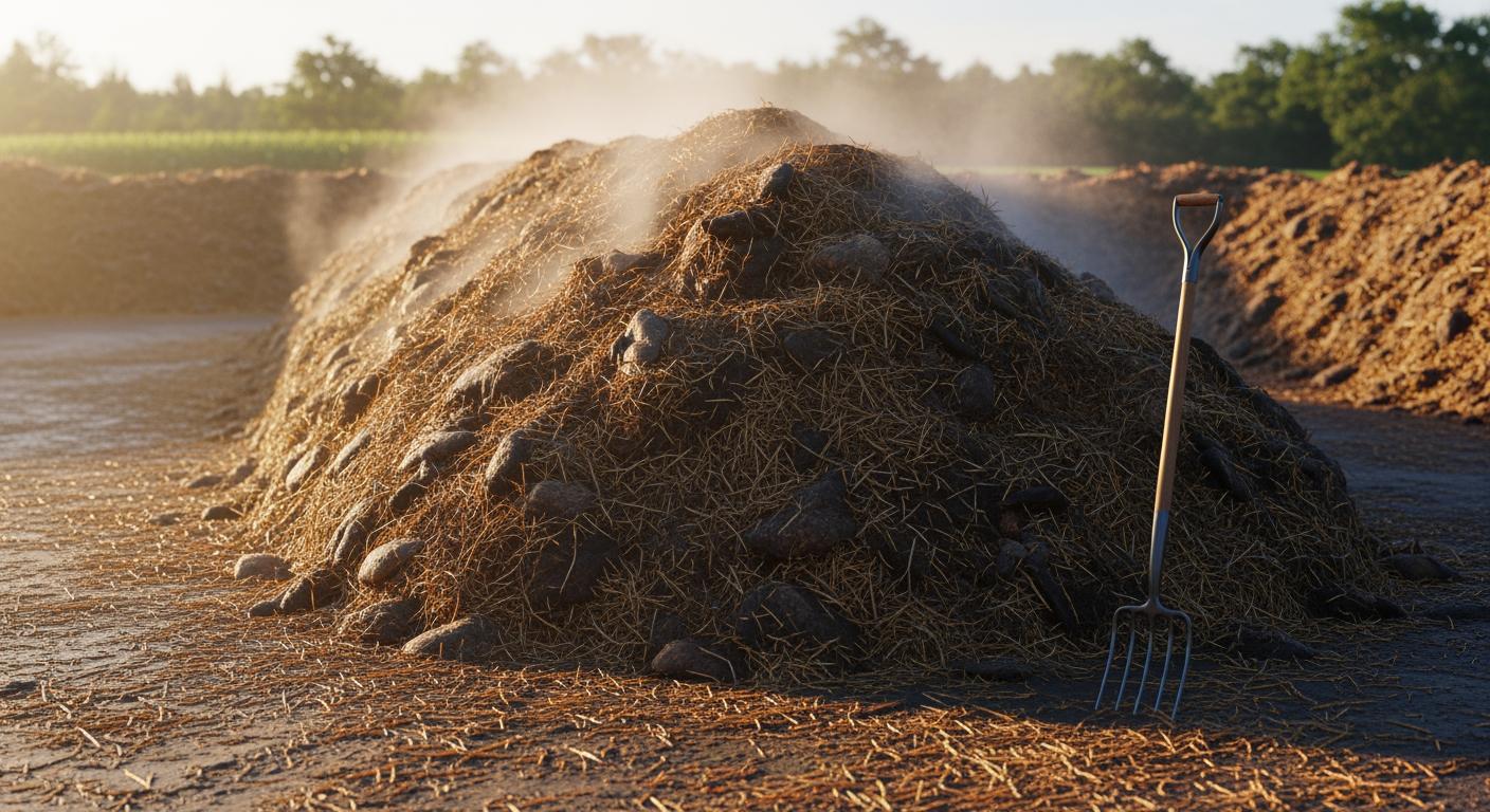 Quy trình ủ phân chuồng quy mô trang trại với sự xuất hiện của hơi nước bốc lên từ đống ủ