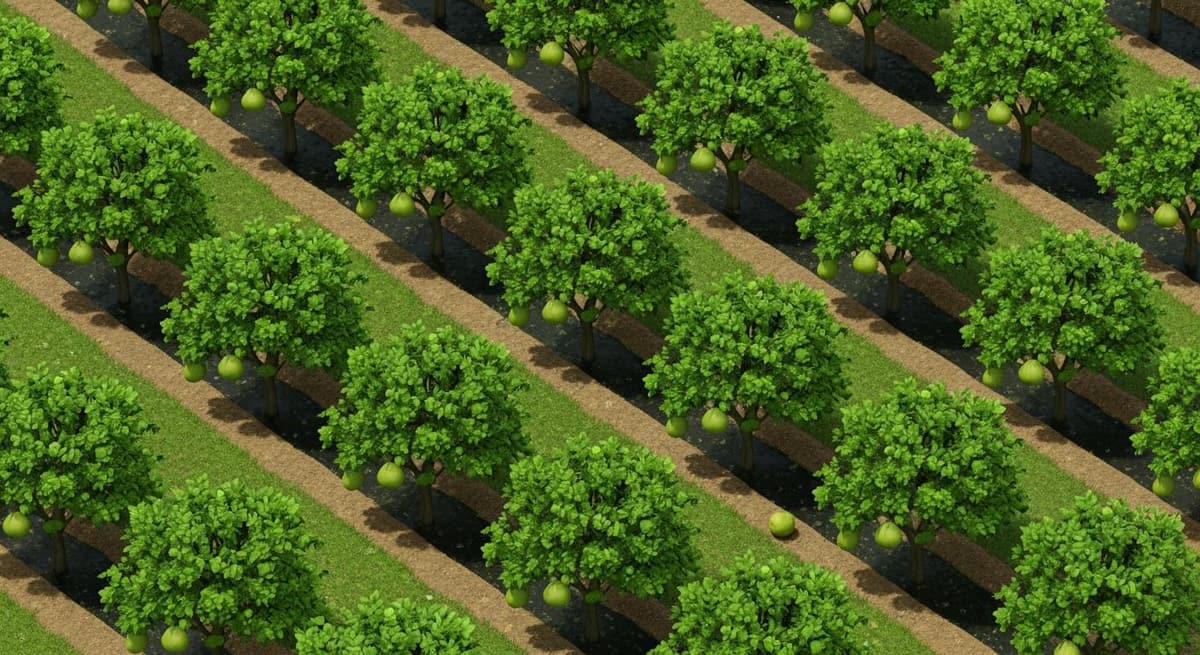 Mô hình tóm tắt quy trình chăm sóc vườn bưởi da xanh trong mùa mưa với hệ thống thoát nước và cắt tỉa thông thoáng.