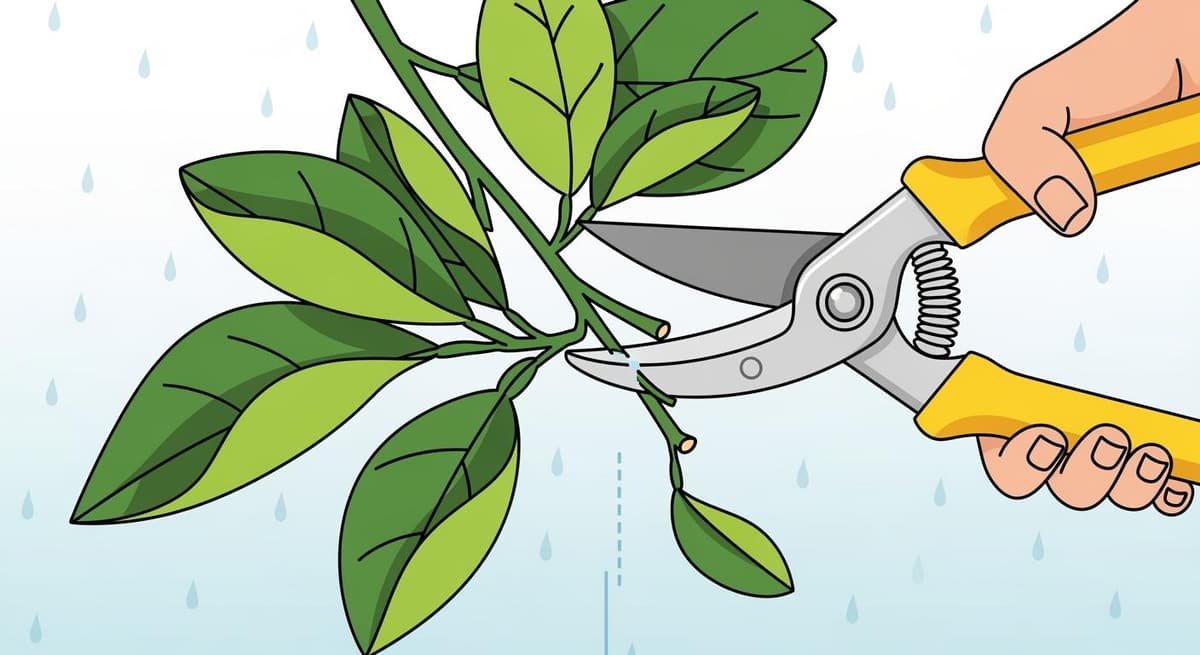 Kỹ thuật cắt tỉa cành bưởi da xanh, loại bỏ cành vượt và cành sát đất để tạo độ thông thoáng.