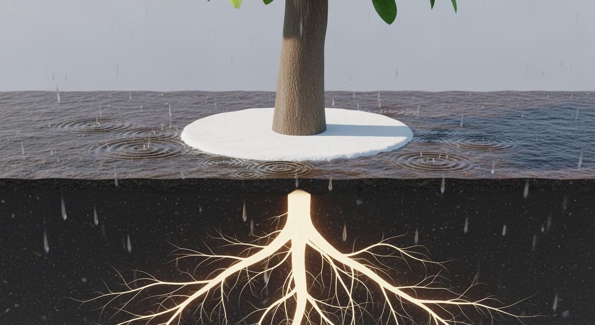 Bón vôi bột quanh gốc cây bưởi để sát khuẩn và cân bằng độ pH cho đất trong mùa mưa.