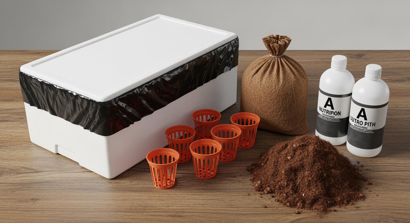 Bộ dụng cụ vật liệu cần thiết để trồng thủy canh tĩnh gồm thùng xốp, rọ nhựa và giá thể