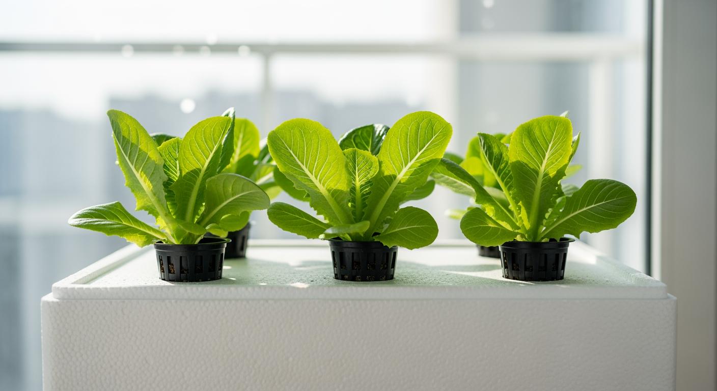 Mô hình trồng rau xà lách tươi tốt bằng phương pháp thủy canh tĩnh trong thùng xốp trên ban công