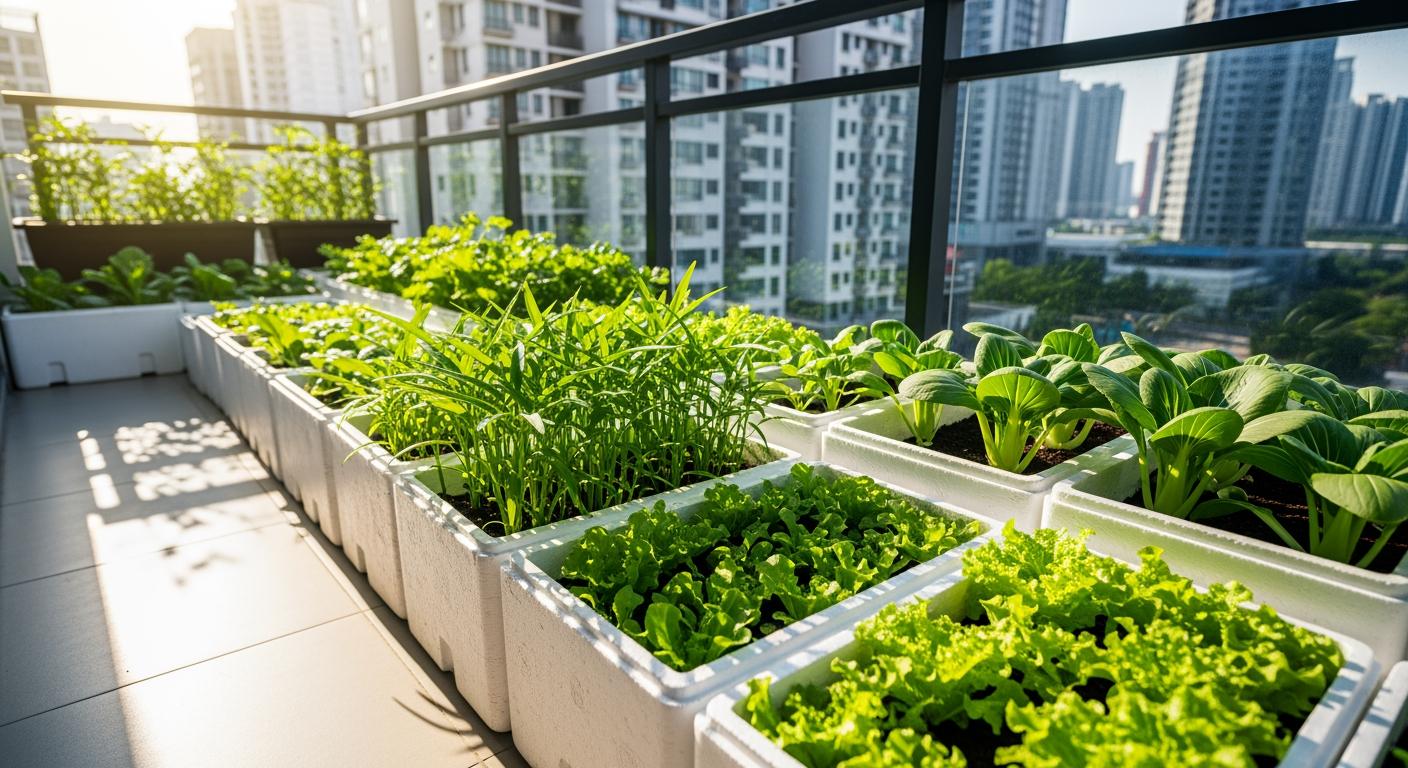 Vườn rau thủy canh tĩnh xanh tốt trên ban công chung cư hiện đại