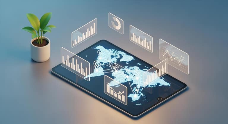 Mô hình bản đồ giao thương kỹ thuật số và biểu đồ dữ liệu phân tích thị trường xuất khẩu nông sản