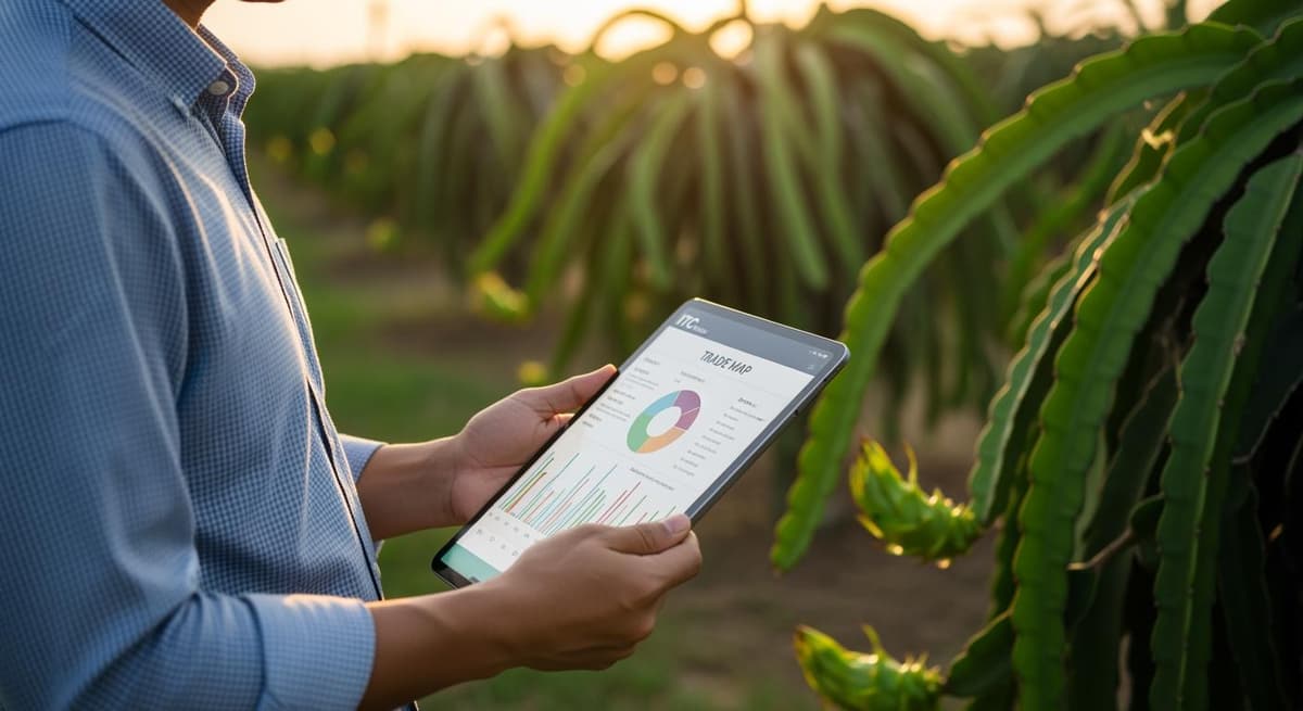 Doanh nhân nông nghiệp Việt Nam phân tích dữ liệu xuất khẩu trên máy tính bảng tại trang trại