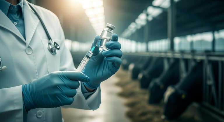 Bác sĩ thú y đang chuẩn bị thuốc kháng sinh đặc trị để điều trị cho vật nuôi tại trang trại