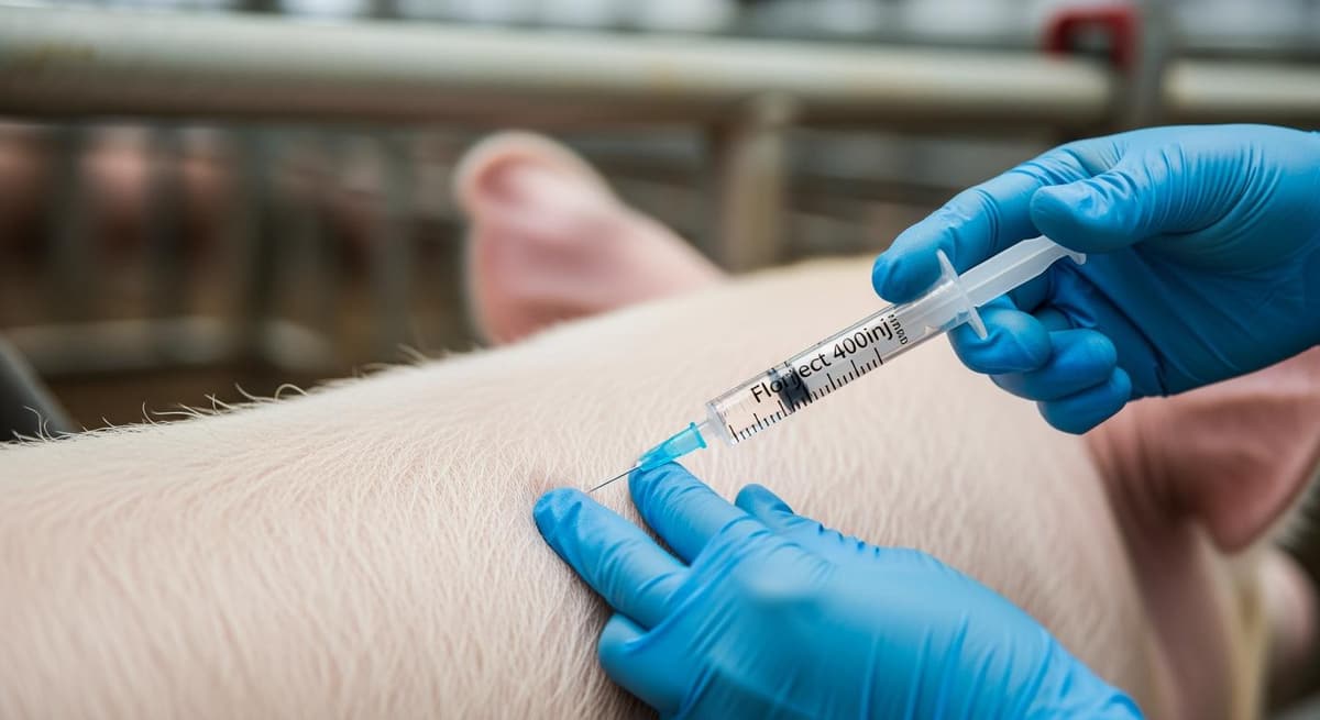 Bác sĩ thú y tiêm thuốc Florject 400inj cho lợn nái trong trang trại hiện đại