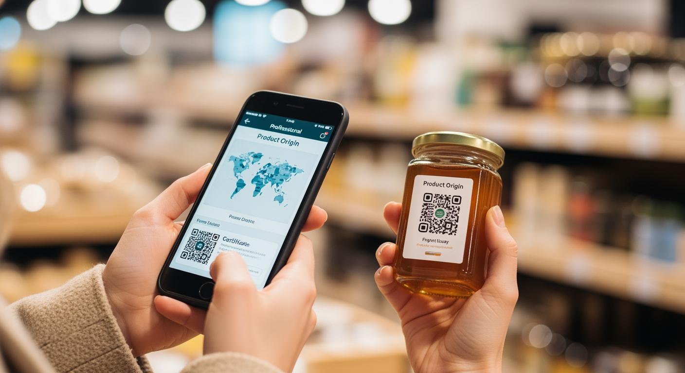 Khách hàng quét mã QR truy xuất nguồn gốc sản phẩm OCOP tại siêu thị hiện đại