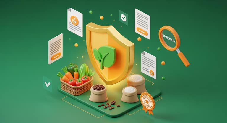 Minh họa 3D quy trình bảo hộ thương hiệu nông sản với khiên vàng bảo vệ nông phẩm và hồ sơ pháp lý số hóa.