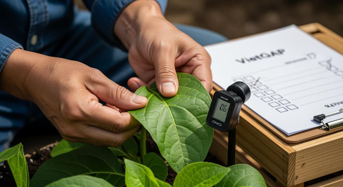 Cận cảnh bàn tay người nông dân đang kiểm tra quy trình canh tác VietGAP, thể hiện sự chuyên nghiệp và minh bạch.