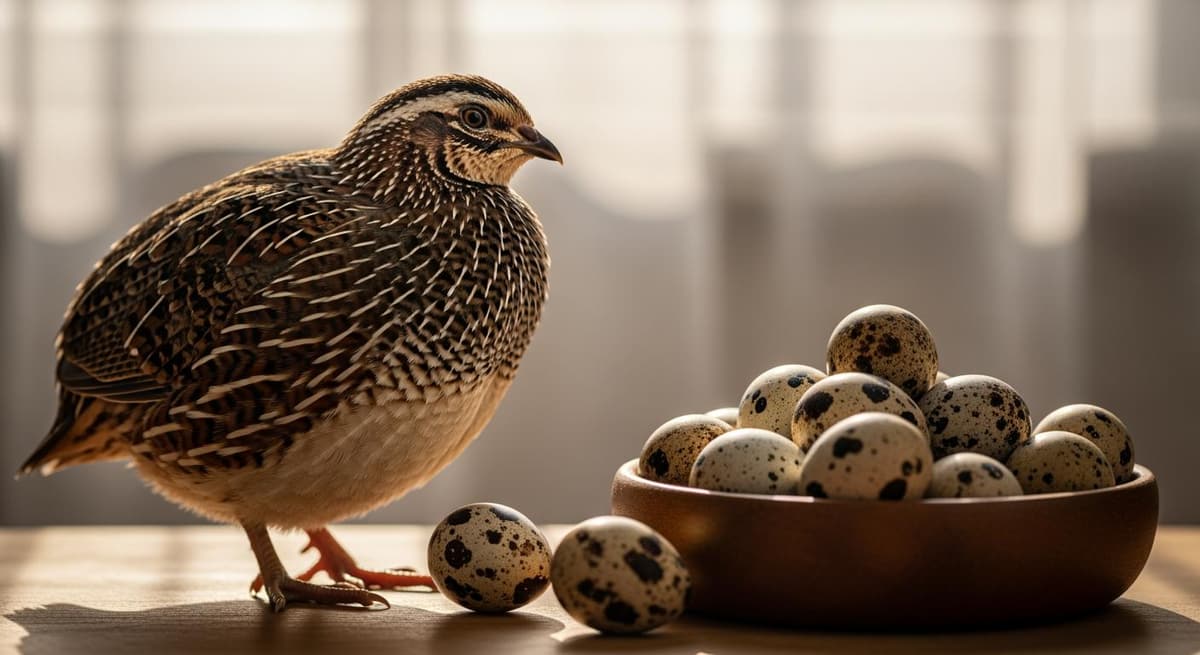 Cận cảnh chim cút Nhật Bản bên cạnh những quả trứng lốm đốm đặc trưng, biểu tượng của sự sinh sản thần tốc.