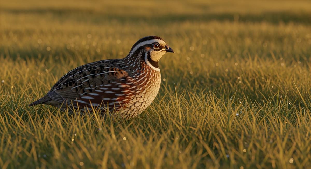 Chim cút trong môi trường tự nhiên, phô diễn bộ lông ngụy trang hoàn hảo giữa đồng cỏ.