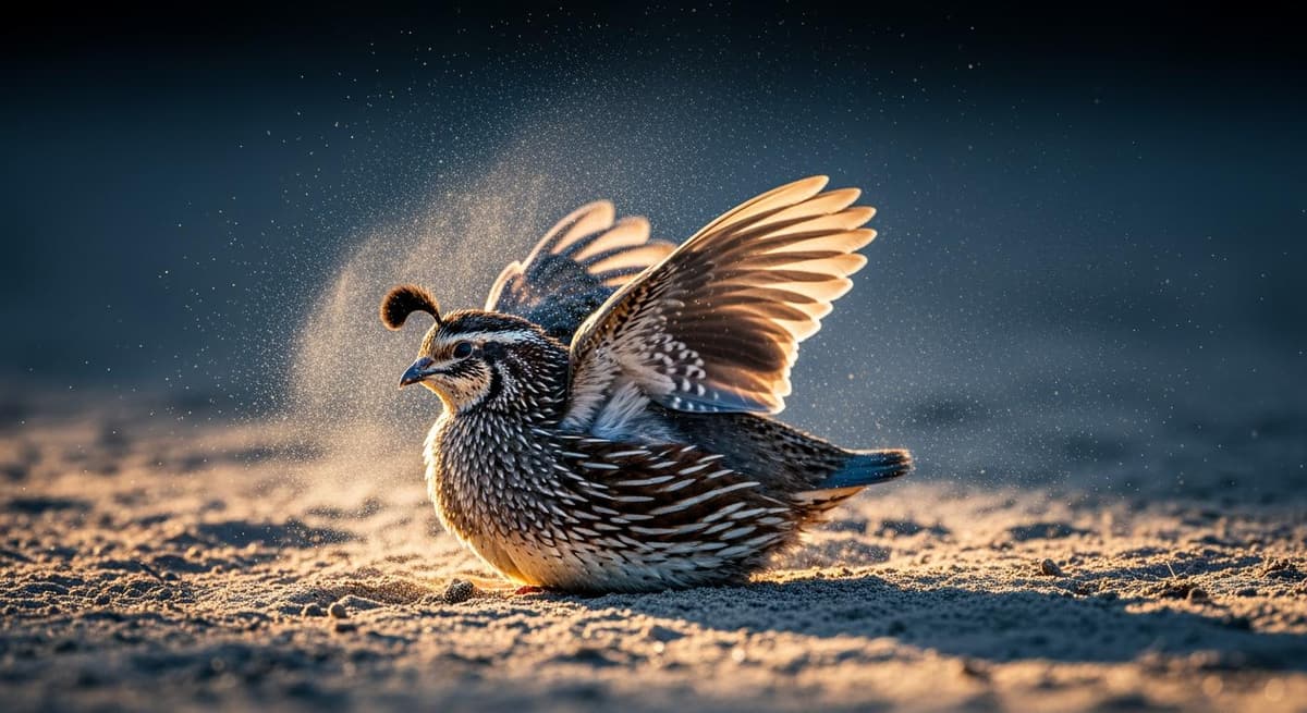 Khoảnh khắc chim cút tắm cát, một tập tính vệ sinh cơ thể thú vị và đặc trưng.