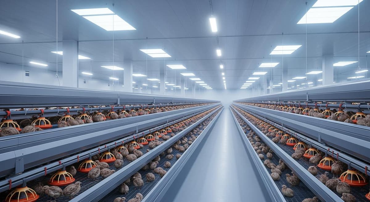 Mô hình trang trại nuôi chim cút công nghệ cao năm 2026, sạch sẽ và hiện đại.