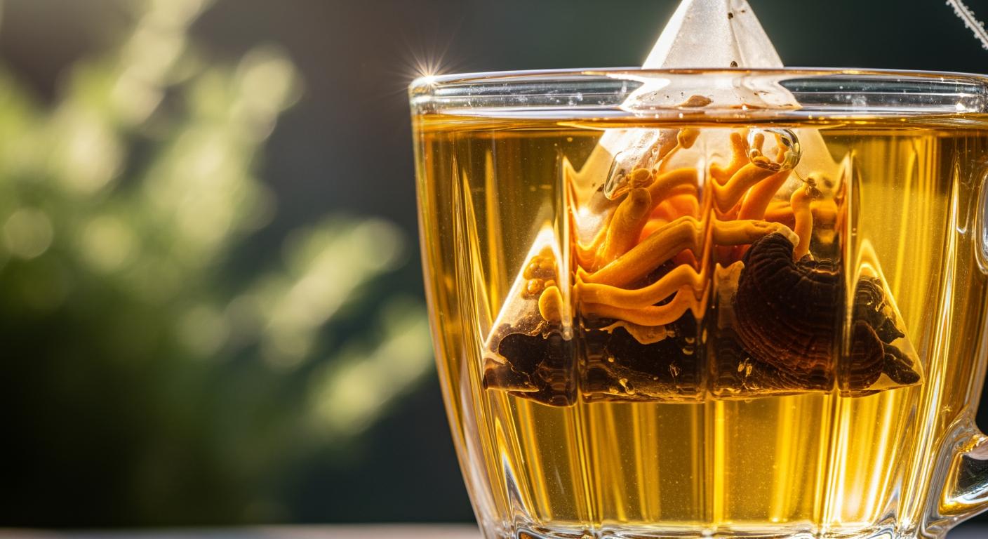 Cận cảnh túi trà lọc chứa đông trùng hạ thảo và nấm linh chi trong tách trà thủy tinh sang trọng.