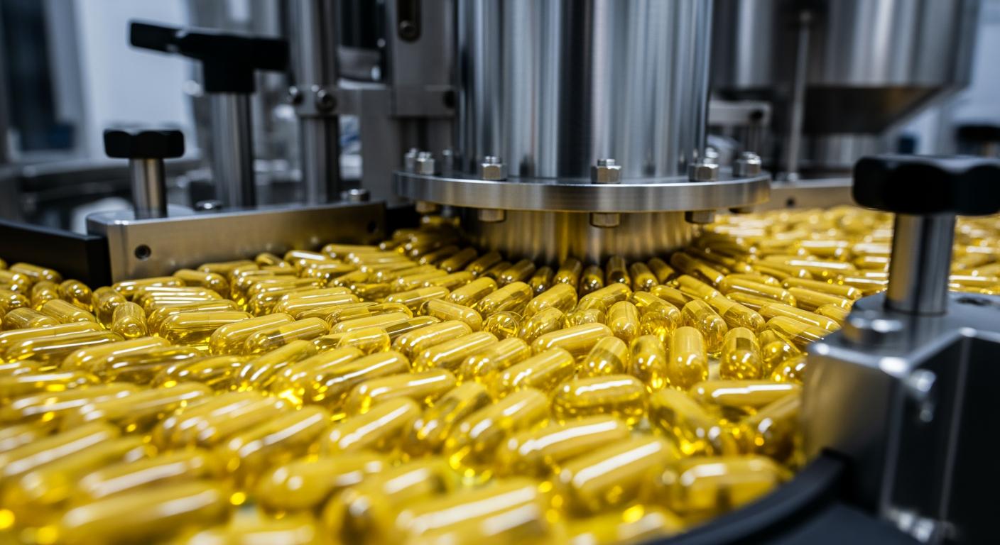 Quy trình đóng gói viên nang thực phẩm chức năng tự động trong nhà máy đạt chuẩn.