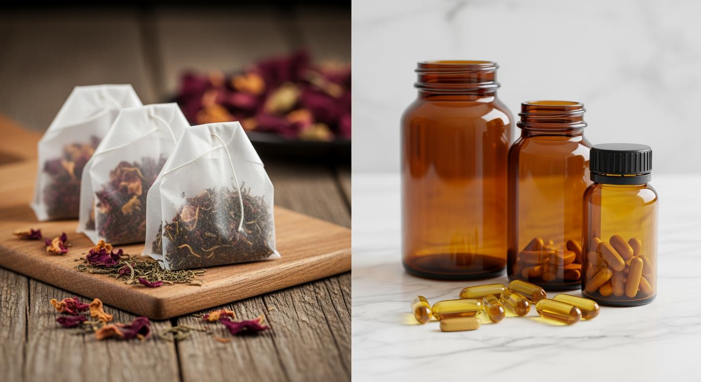 Sự so sánh trực quan giữa trà thảo mộc túi lọc và thực phẩm chức năng cao cấp từ sâm và đông trùng hạ thảo.