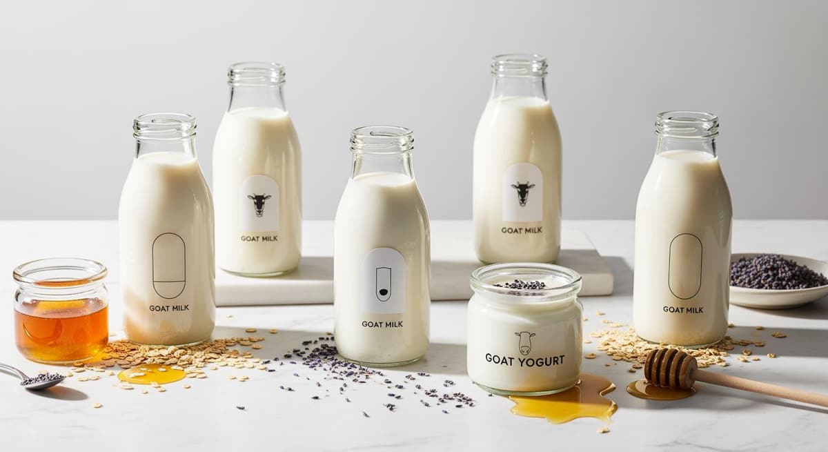 Các sản phẩm sữa dê đóng chai cao cấp trưng bày trong không gian hiện đại, thể hiện xu hướng tiêu dùng xanh 2025.