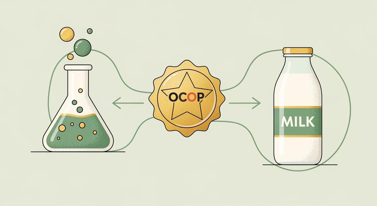 Minh họa quy trình kiểm định và chứng nhận OCOP cho sản phẩm sữa dê theo phong cách vẽ tay nghệ thuật.