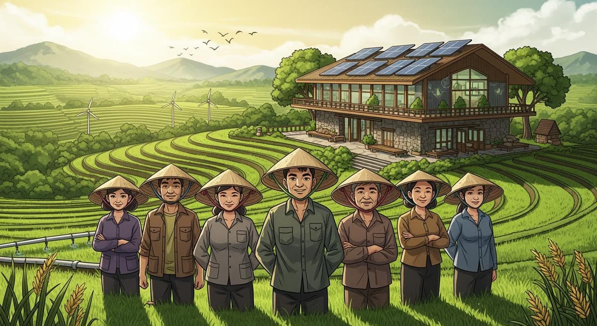 Hình vẽ cộng đồng nông dân và hợp tác xã cùng nhau phát triển mô hình sữa dê bền vững.