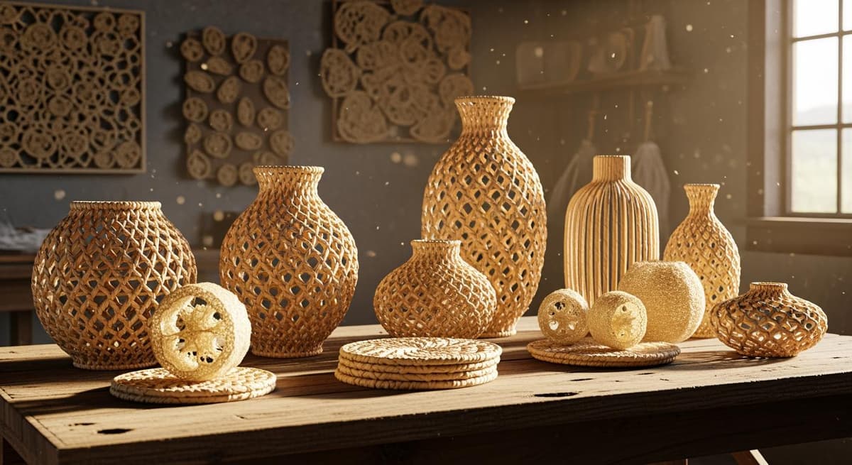Bộ sưu tập đồ trang trí nội thất cao cấp làm từ rơm rạ và xơ mướp, thể hiện giá trị kinh tế của phụ phẩm nông nghiệp.