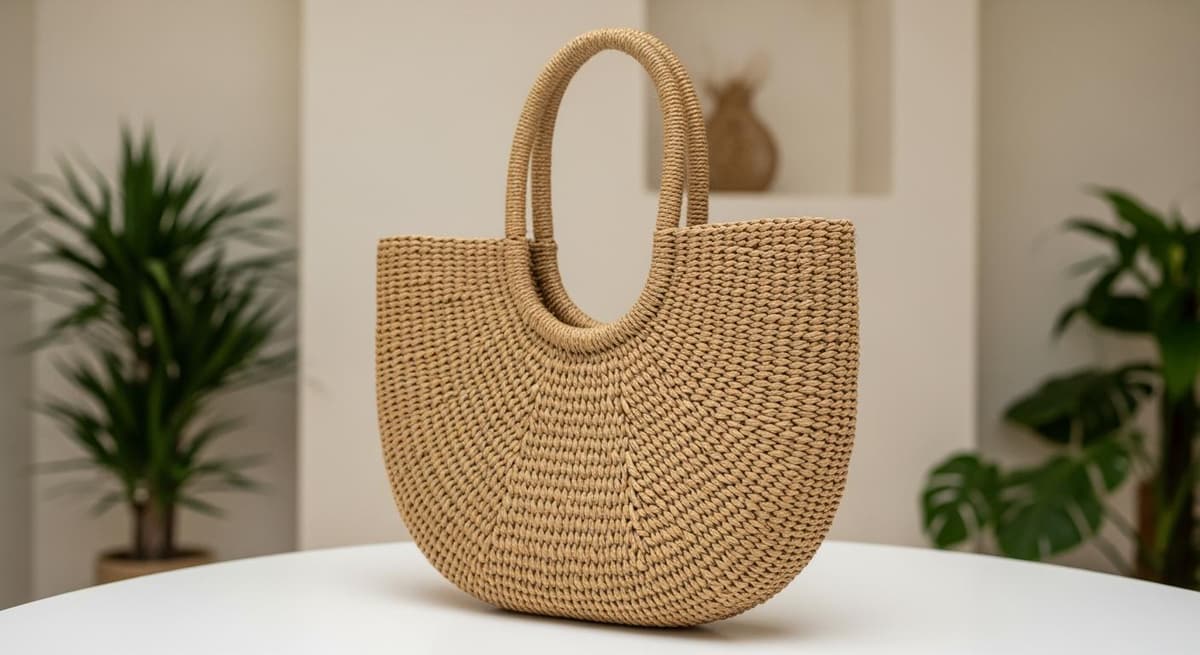 Túi xách thời trang bền vững làm từ sợi bẹ chuối trong không gian showroom hiện đại.