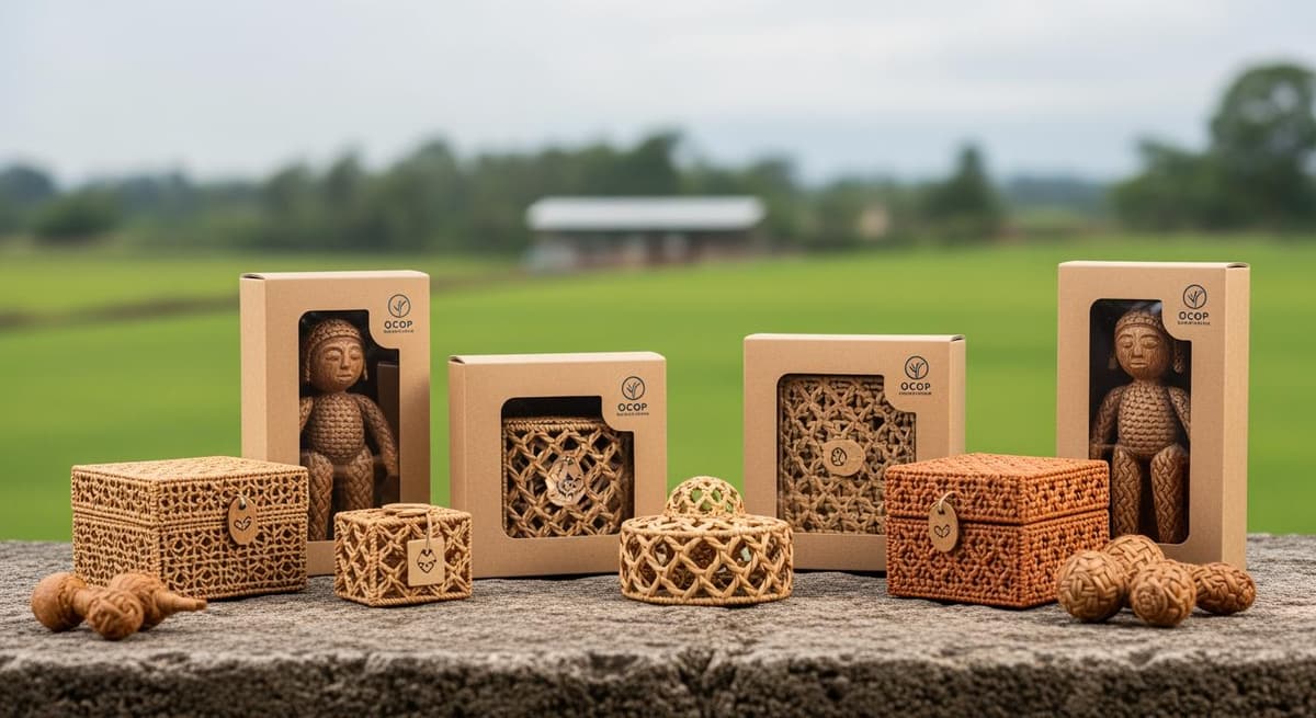 Sản phẩm thủ công mỹ nghệ đạt chuẩn OCOP với bao bì thân thiện môi trường và nhãn hiệu chuyên nghiệp.