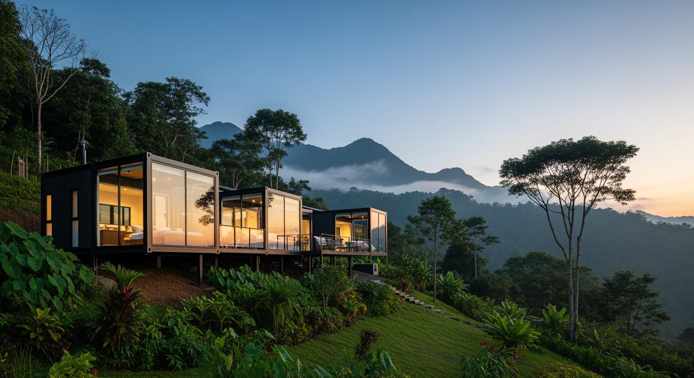 Mẫu nhà lắp ghép hiện đại khung thép xây dựng trên địa hình đất dốc sườn đồi