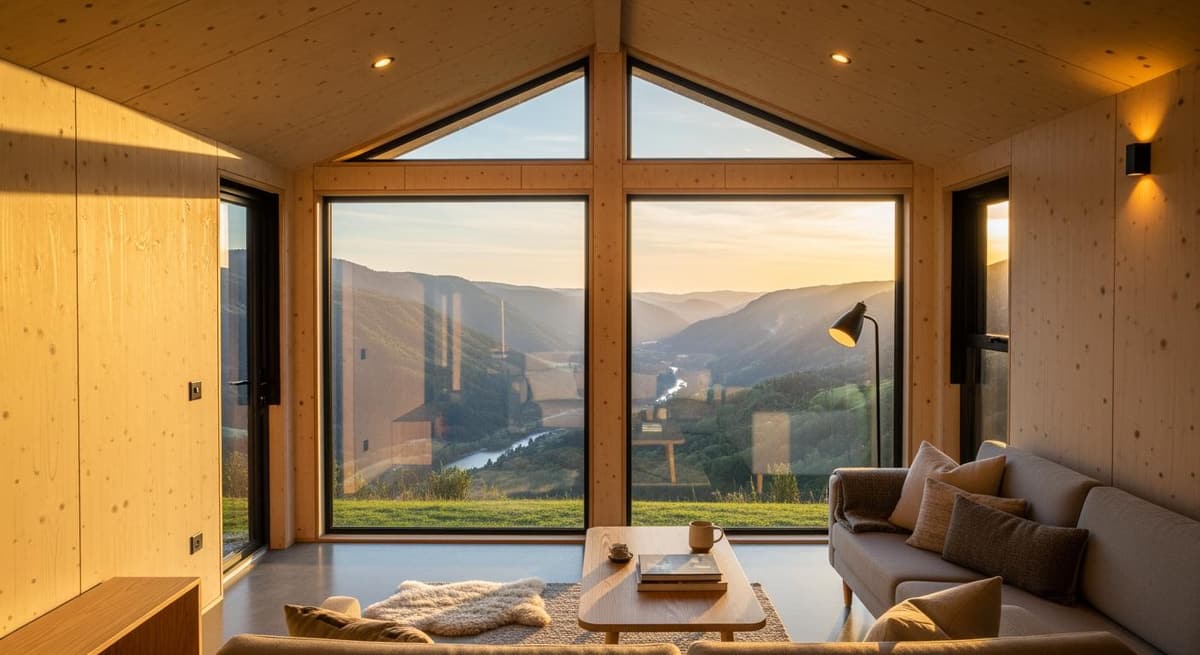 Không gian nội thất nhà lắp ghép Farmstay 2024 với vật liệu cách nhiệt và view thung lũng