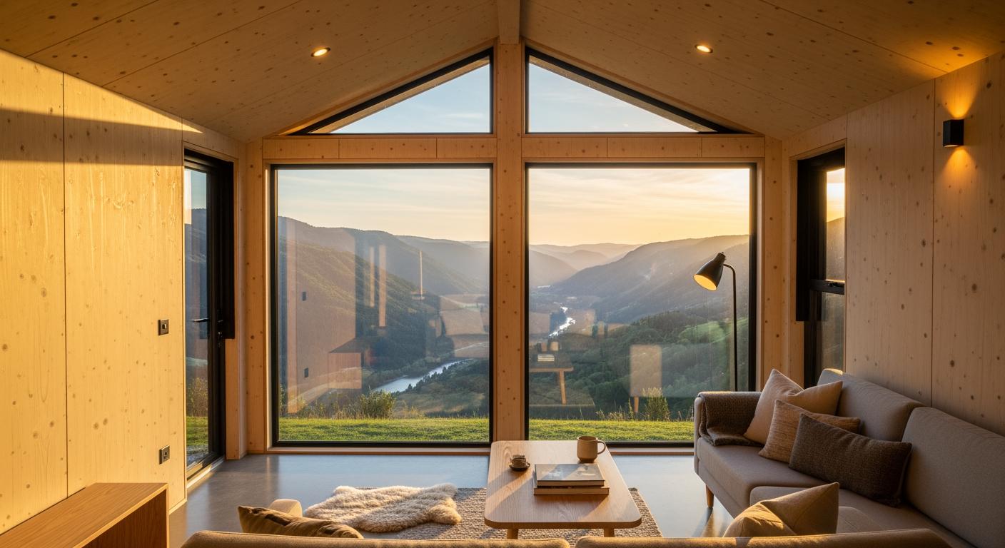 Không gian nội thất nhà lắp ghép Farmstay 2024 với vật liệu cách nhiệt và view thung lũng