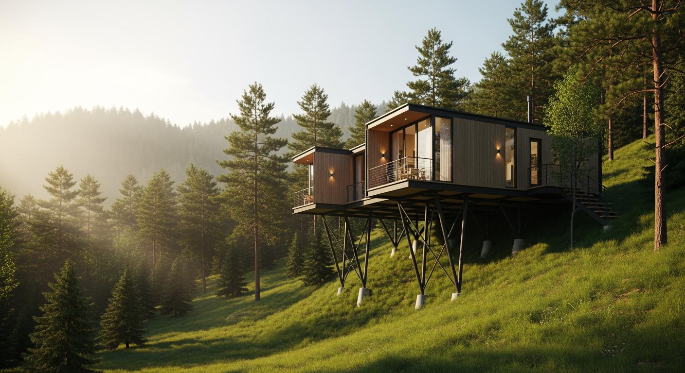 Toàn cảnh nhà lắp ghép Farmstay hiện đại trên triền dốc xanh mướt, hòa hợp với thiên nhiên