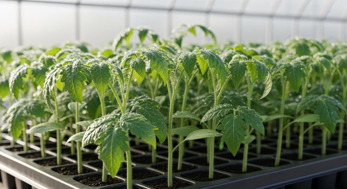 Cây con cà chua khỏe mạnh trong khay ươm chuyên dụng với bộ lá xanh mướt