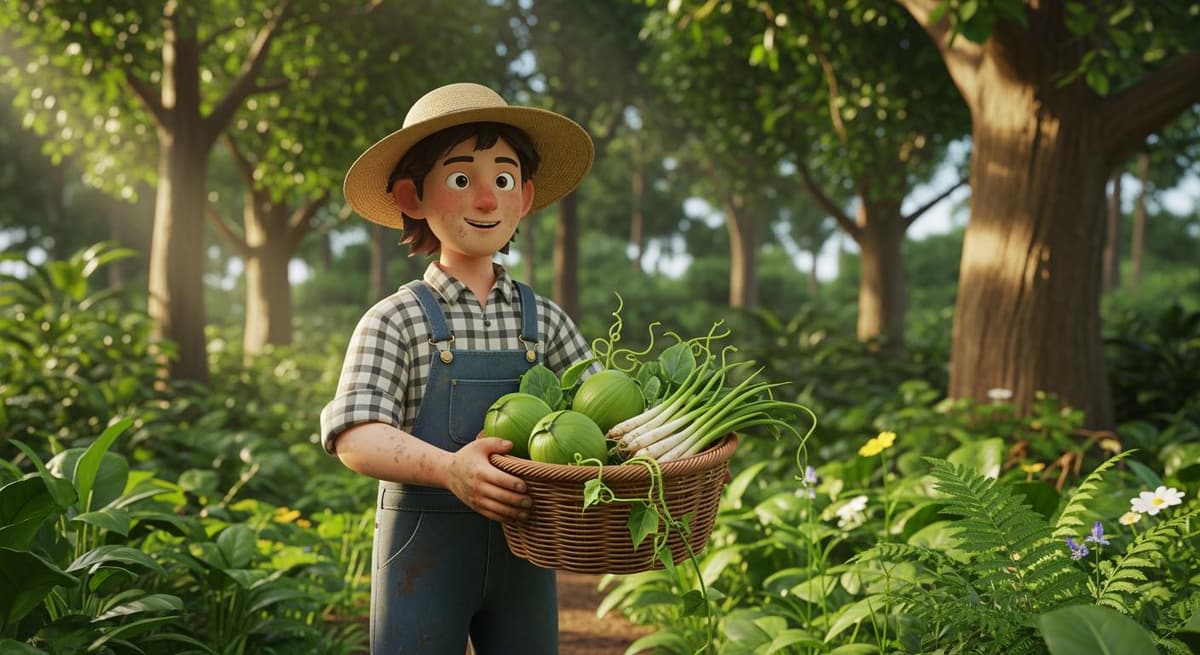 Minh họa người nông dân thu hoạch rau rừng trong vườn canh tác bền vững