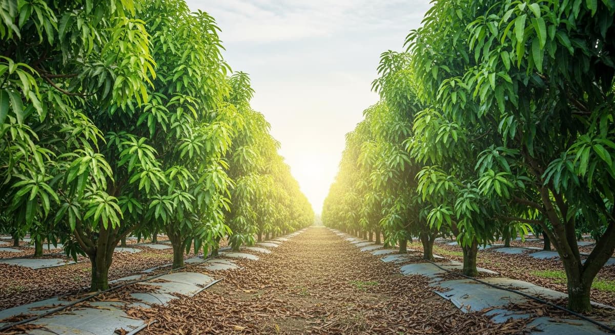 Vườn xoài cát Hòa Lộc xanh mướt, thẳng hàng đạt chuẩn OCOP trong nắng sớm