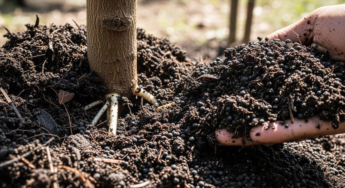 Bón phân hữu cơ vi sinh giúp cải tạo đất cho vườn xoài