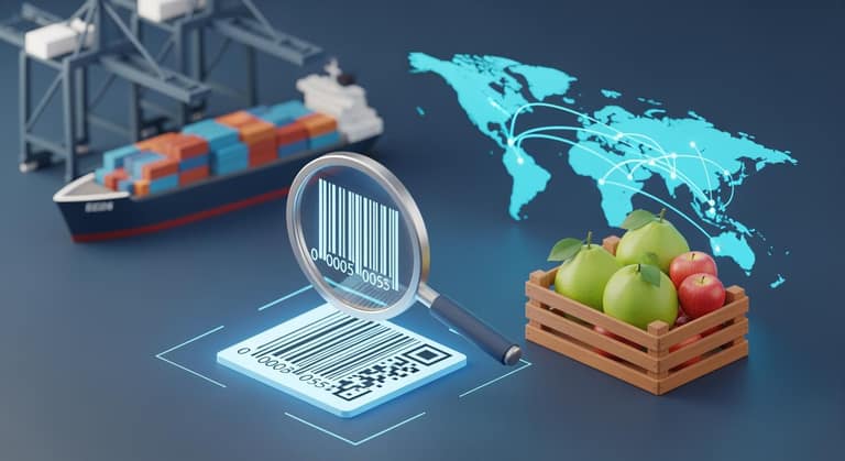 Minh họa khái niệm mã HS trong xuất khẩu nông sản với trái cây tươi và bản đồ logistics thế giới